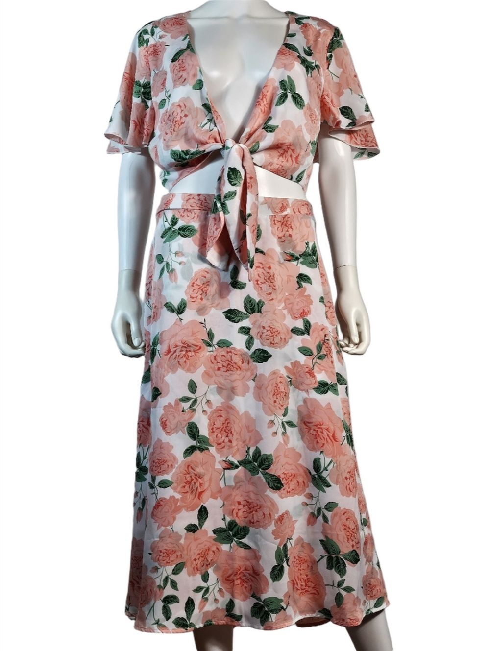 Show Me Your MuMu Salmon Pink Green Floral Tie Top Midi Skirt 2 Piece Coord Set